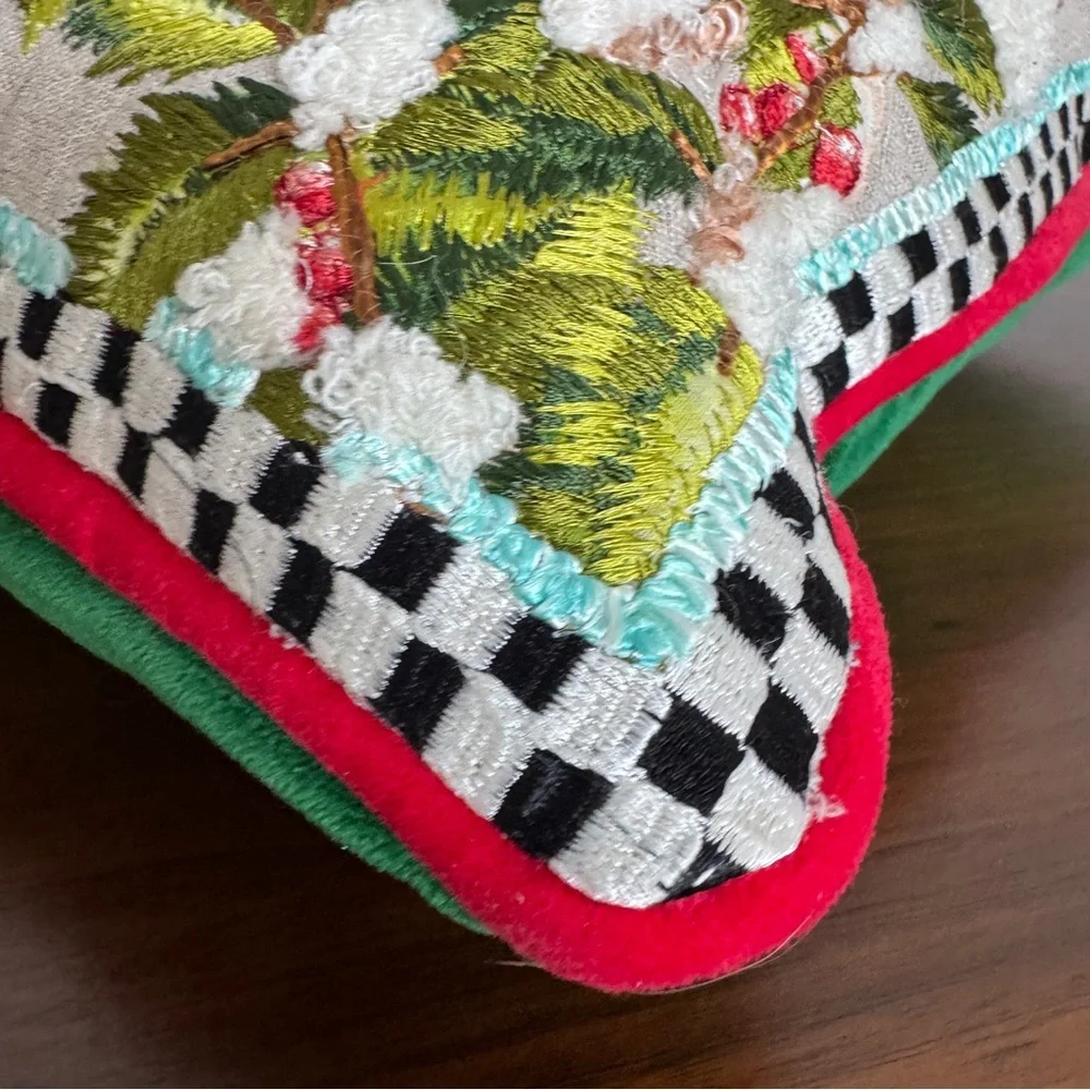 MacKenzie-Childs Santa's Reindeer Pillow in a Cotton-Linen Blend with Red Piping